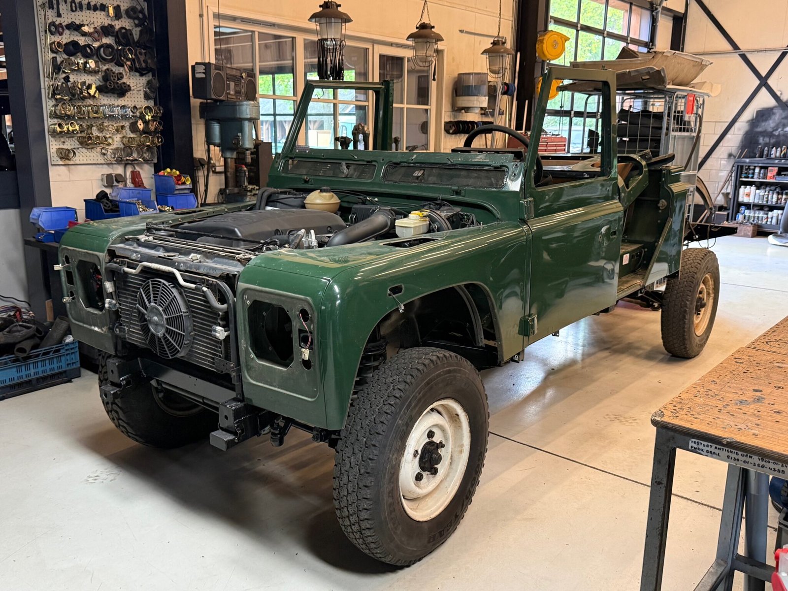Defender 130 front body panels removed during strip-down