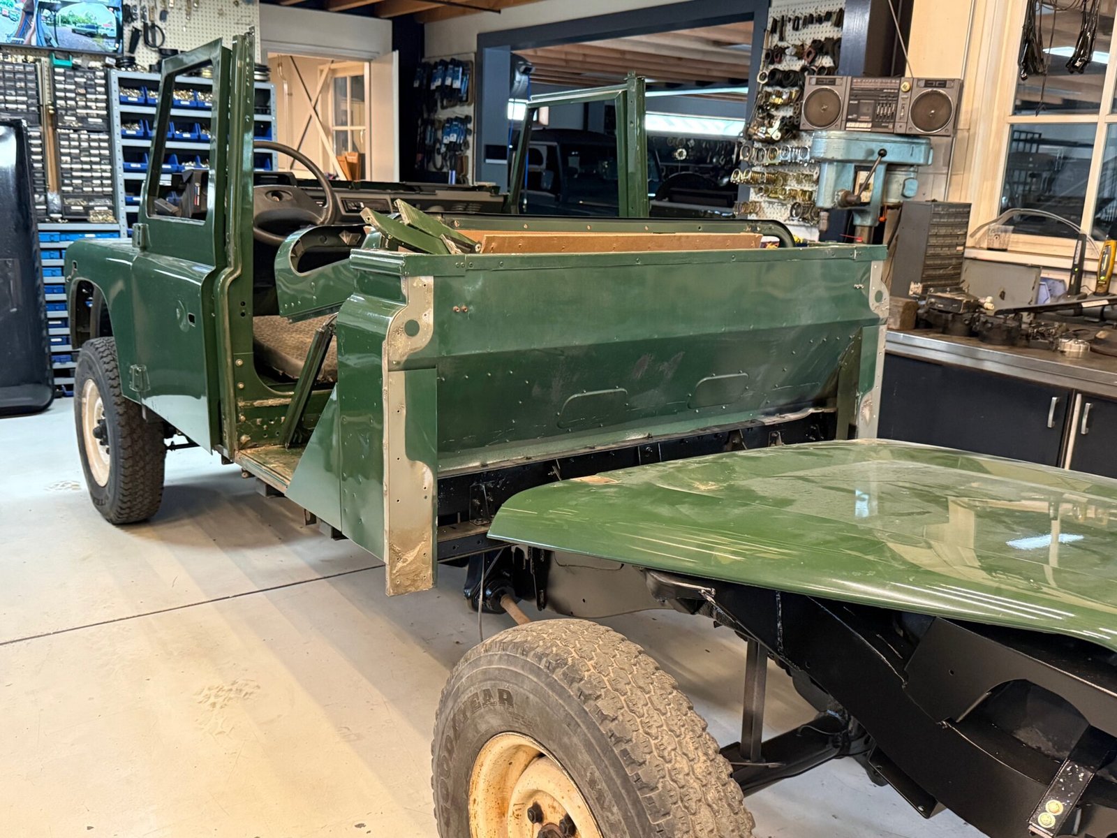 Defender 130 rear body panels removed during strip-down